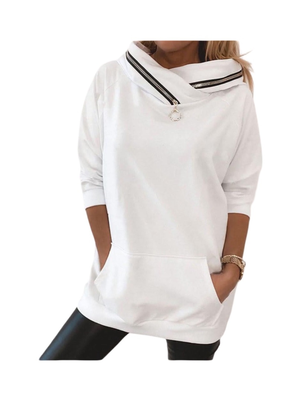 Preppy minimalist , Oversized White Asymetric Zipper Collar Pullover Size L